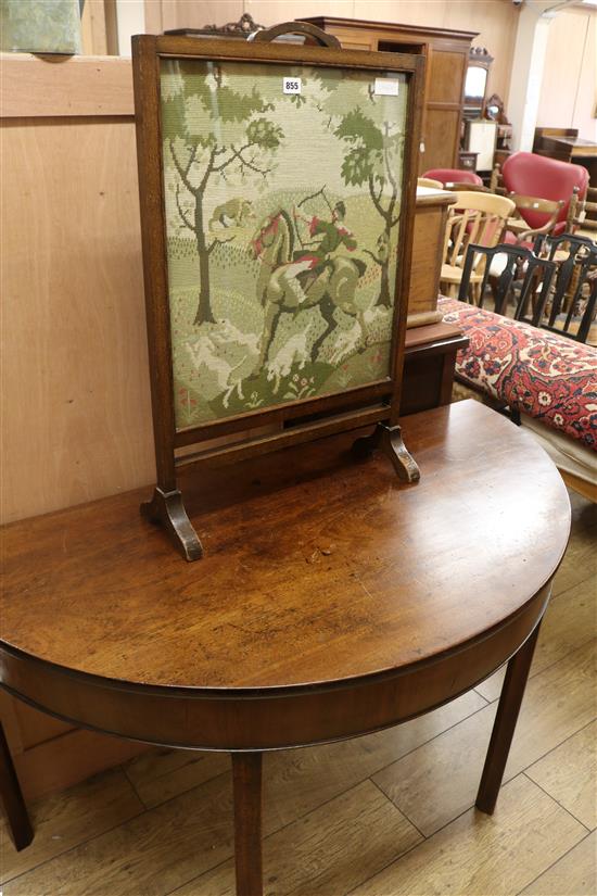 A George III mahogany D shaped side table (a/f) and tapestry firescreen W.130cm and 51cm